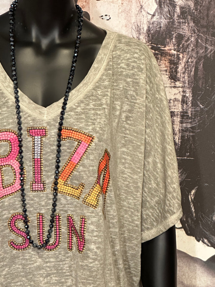 T-shirt + size col V "Ibiza sun" kaki clair chiné