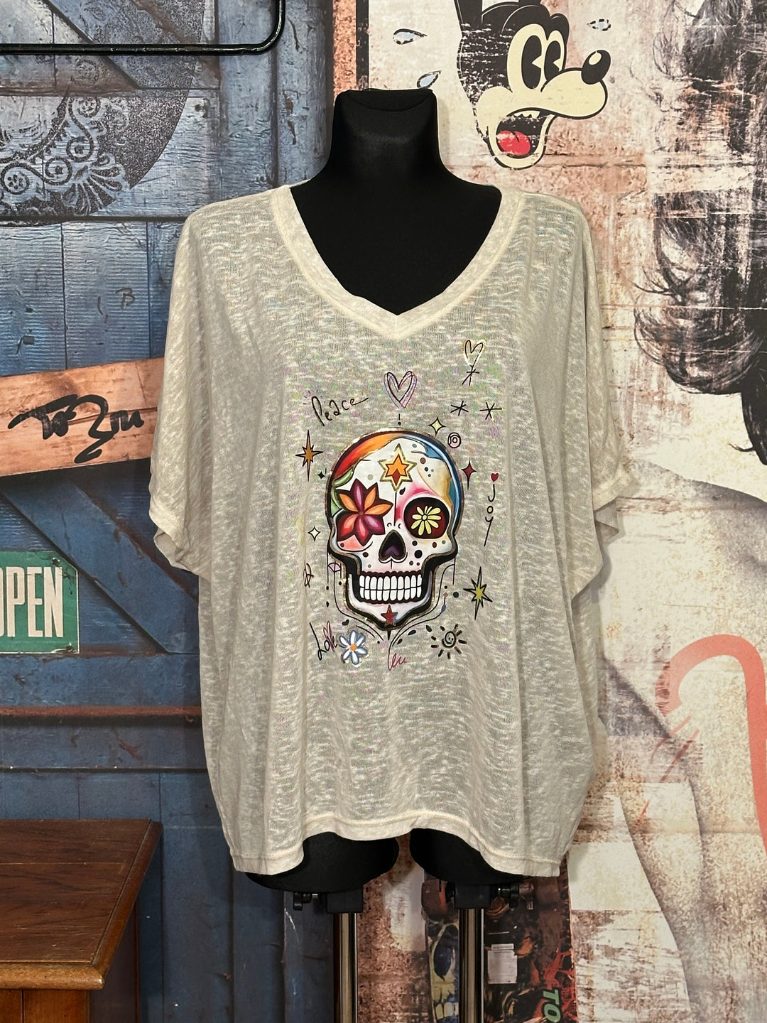 T-shirt + size col V "skull" beige chiné