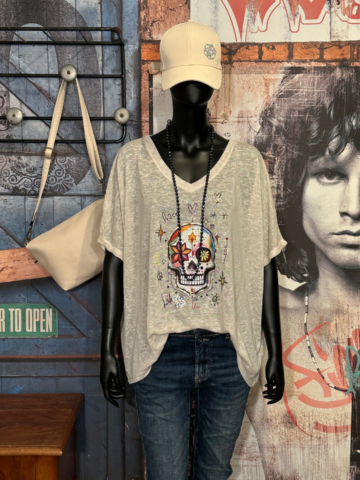 T-shirt + size col V "skull" beige chiné