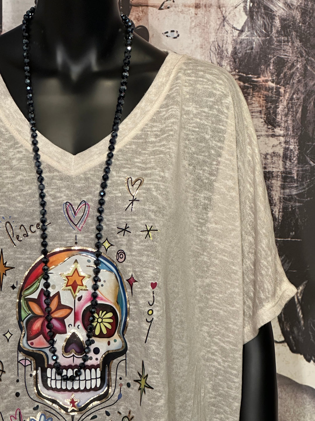T-shirt + size col V "skull" beige chiné