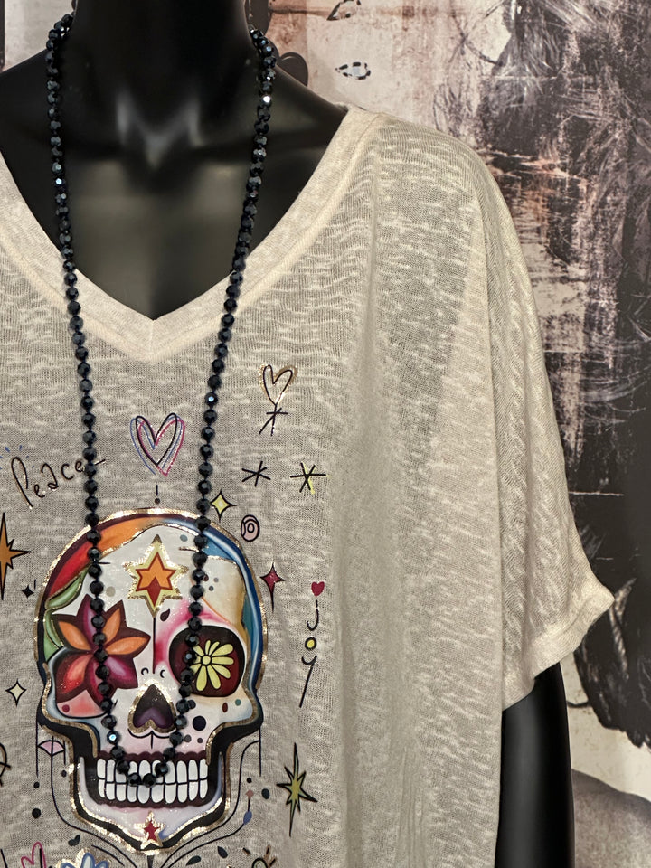 T-shirt + size col V "skull" beige chiné