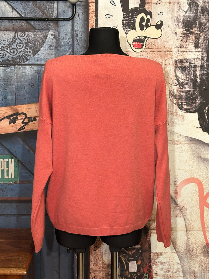 Pull en maille fine col V rose vintage
