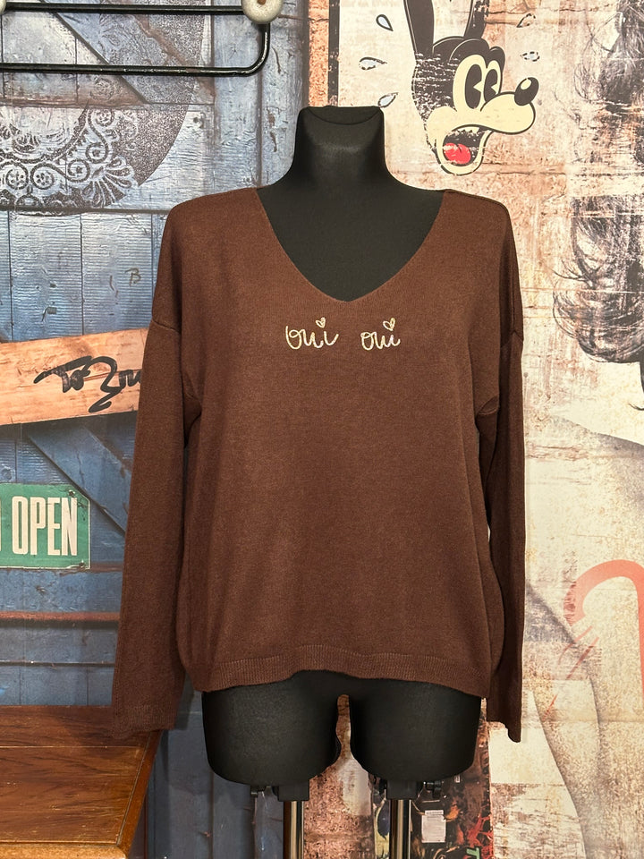 Pullover mit V-Ausschnitt "oui oui" choco