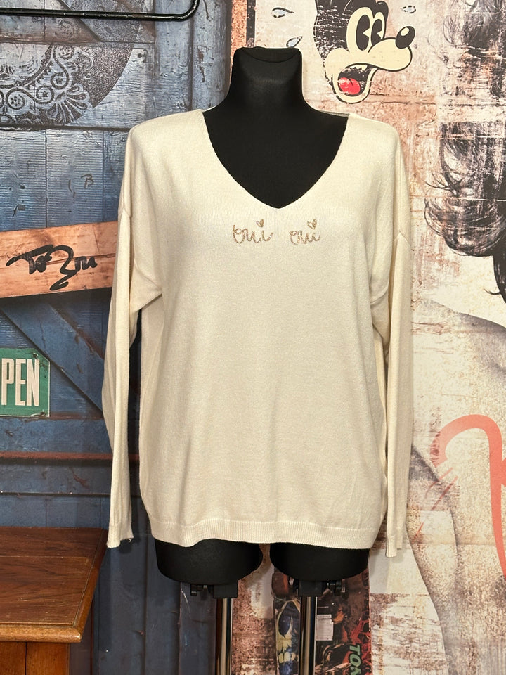 Pull col V "oui oui" écru