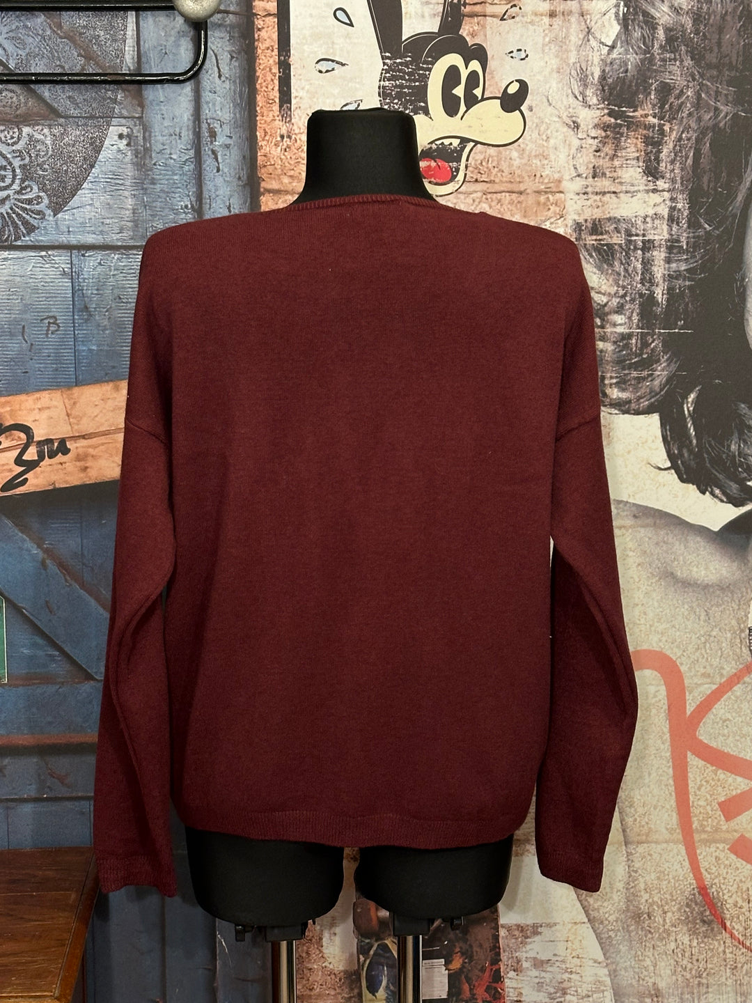 Pull col V "oui oui" bordeaux