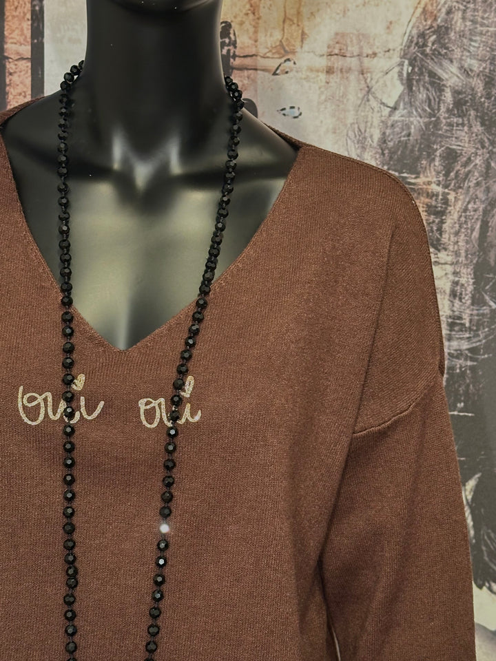 Pullover mit V-Ausschnitt "oui oui" choco