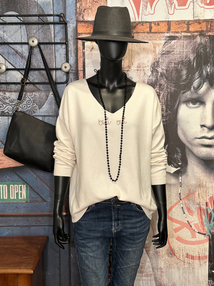 Pull col V "oui oui" écru
