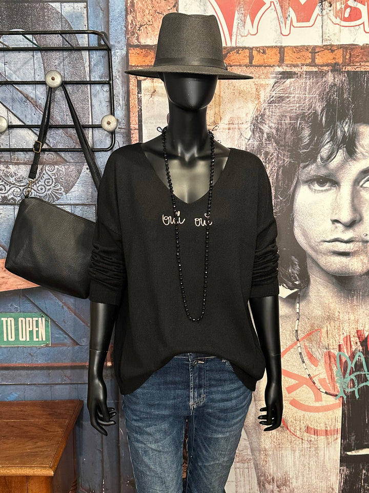 Pull col V "oui oui" noir (38/42)