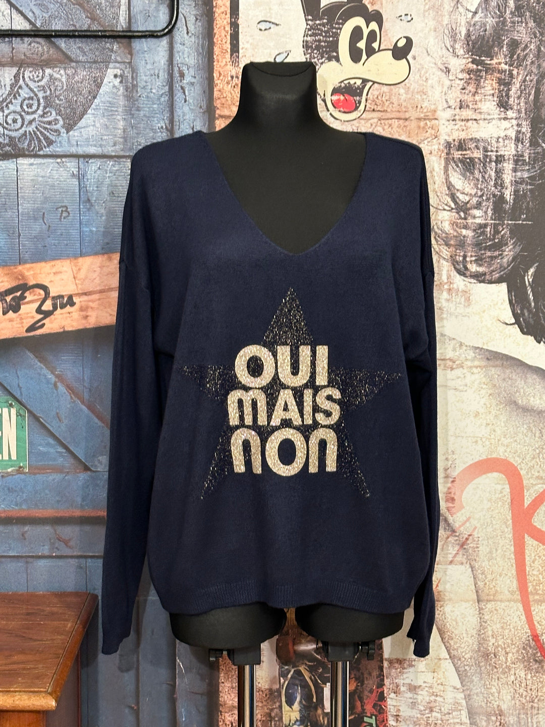 Pull col V "oui mais non" bleu marine (38/42)