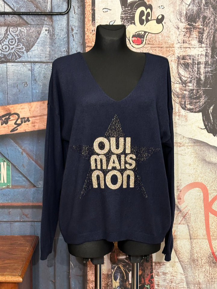 Pull col V "oui mais non" bleu marine (38/42)