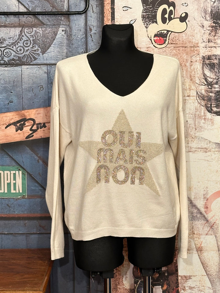 Pull col V "oui mais non" écru