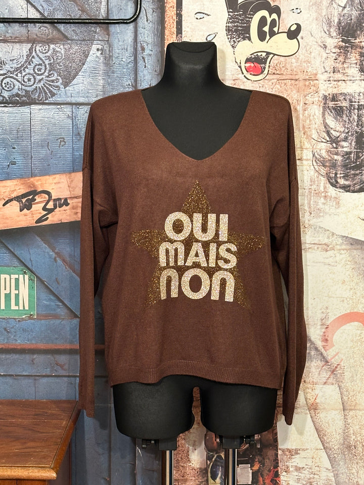 Pull col V "oui mais non" choco