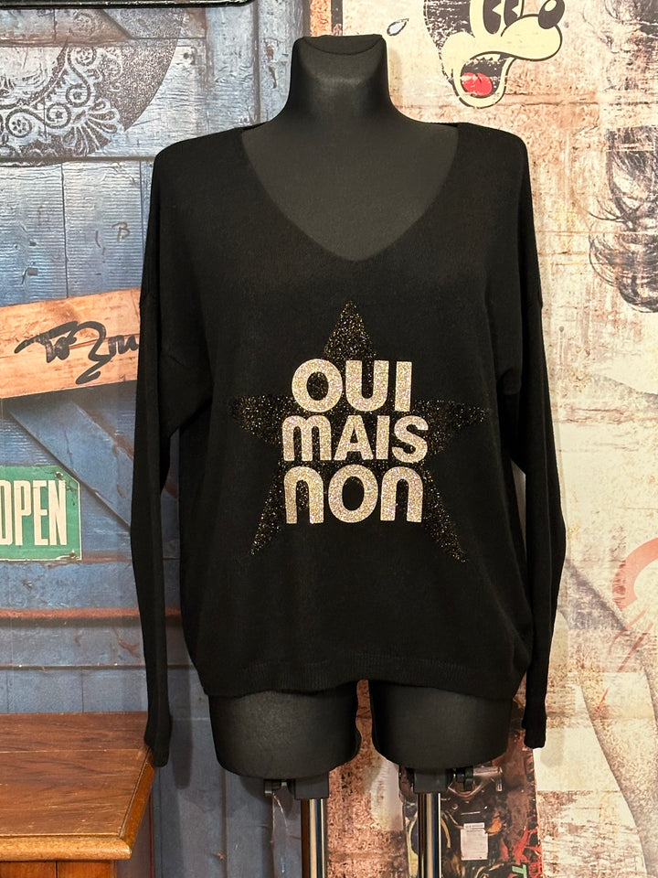 Pull col V "oui mais non" noir