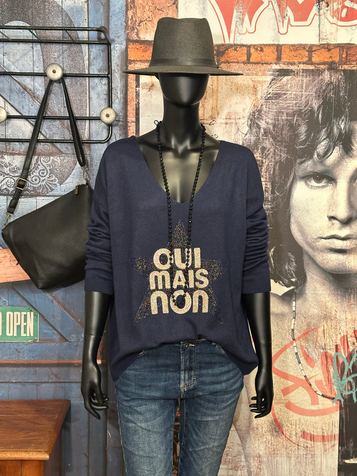 Pull col V "oui mais non" bleu marine (38/42)