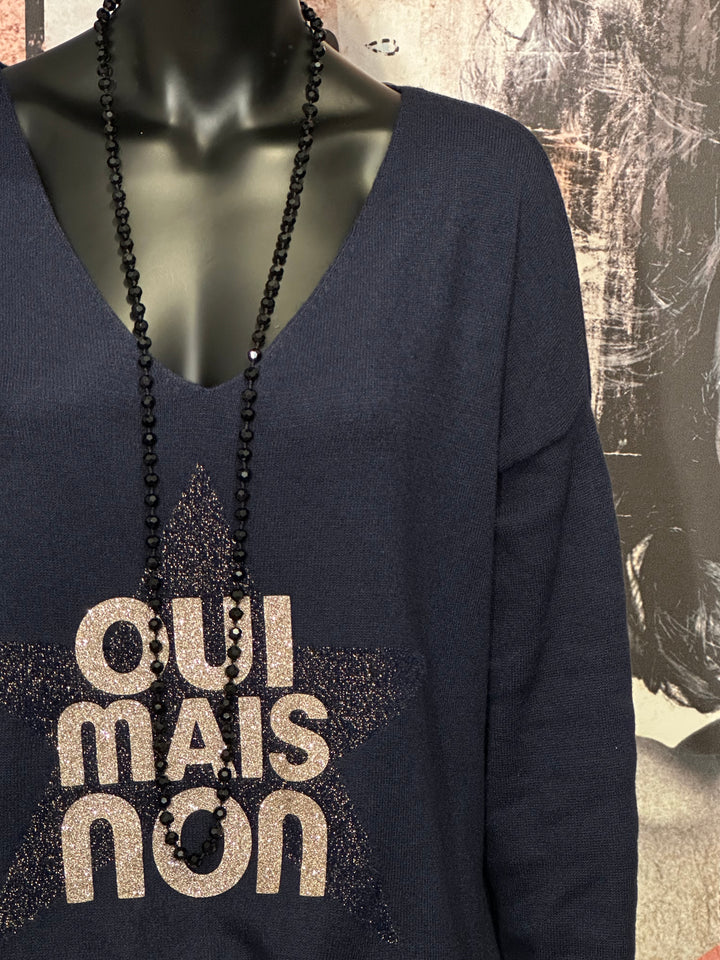 Pull col V "oui mais non" bleu marine (38/42)