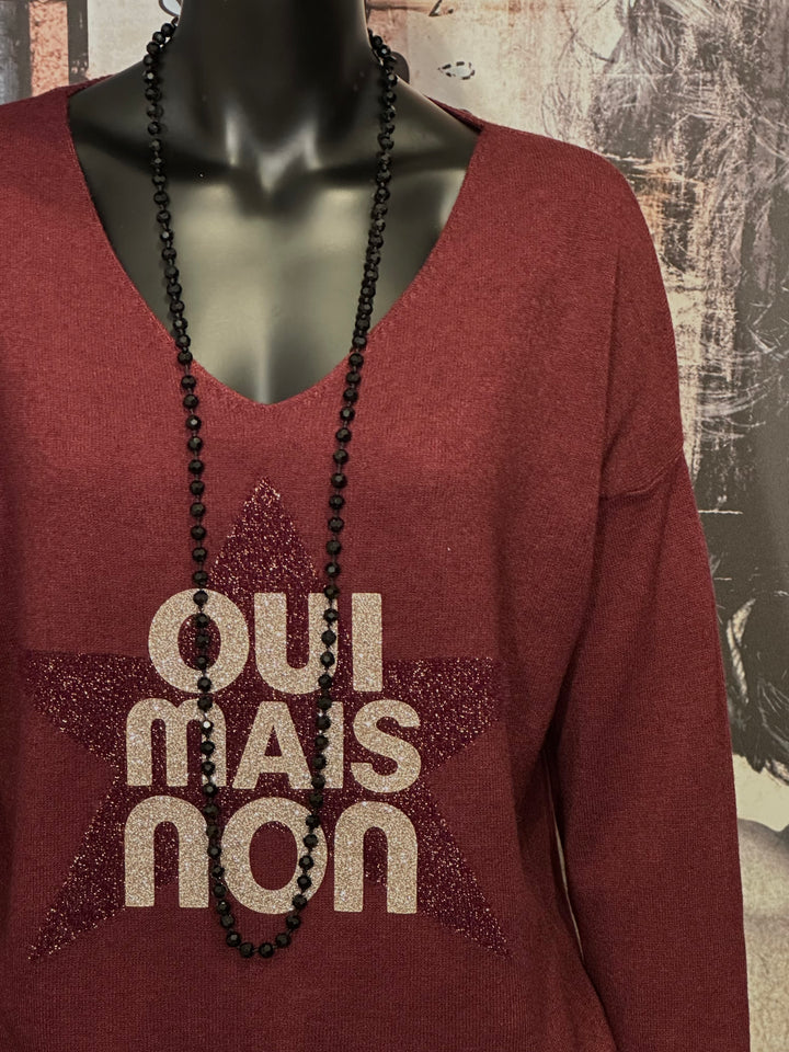 Pull col V "oui mais non" bordeaux
