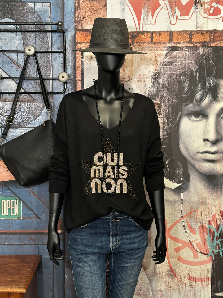 Pull col V "oui mais non" noir