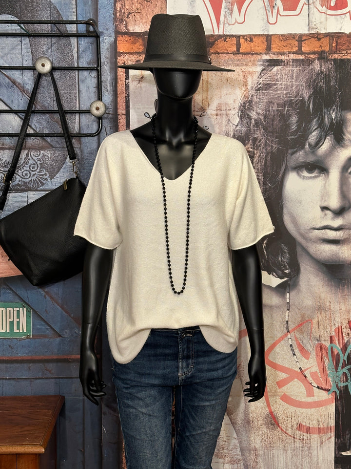 Pull manches courtes & col V écru (38/40)