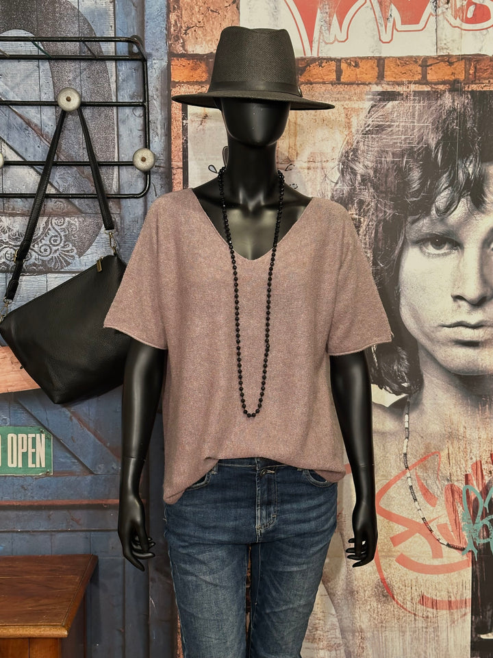 Pull manches courtes & col V taupe (38/40)