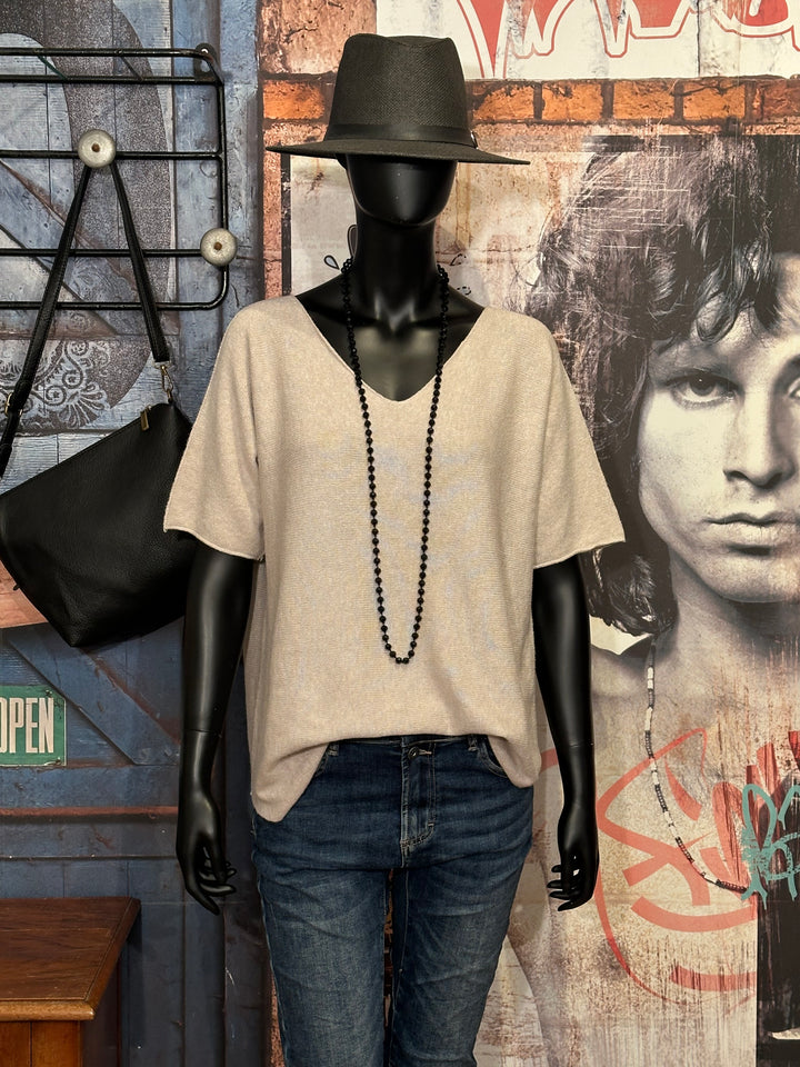 Pull manches courtes & col V beige (38/40)