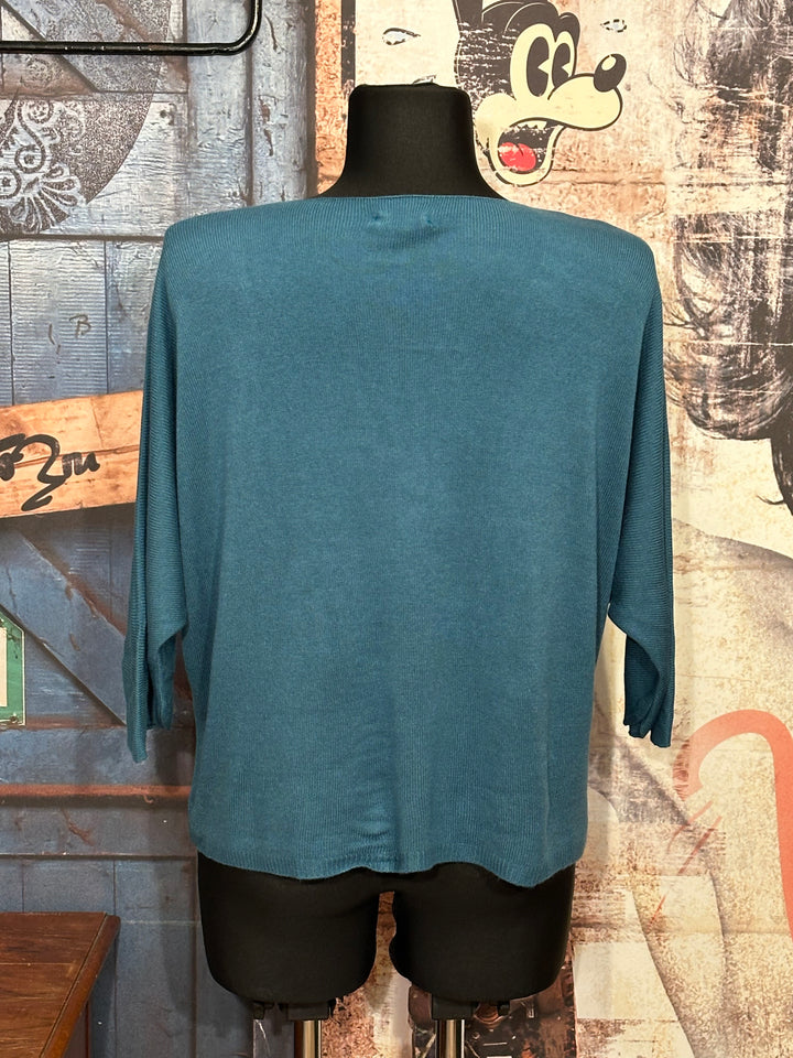 Kurzer Feinstrickpullover mit 3/4-Ärmeln & V-Ausschnitt in Entenblau (36/40)