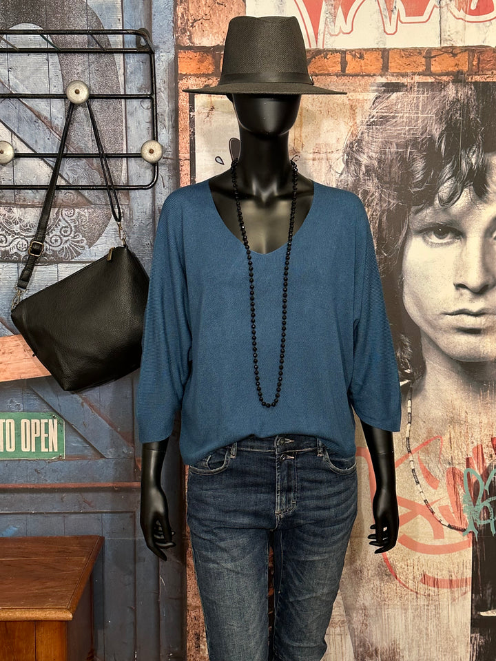 Kurzer Feinstrickpullover mit 3/4-Ärmeln & V-Ausschnitt in Petrolblau (36/40)