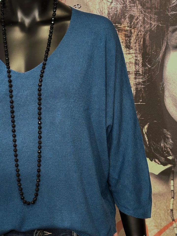Kurzer Feinstrickpullover mit 3/4-Ärmeln & V-Ausschnitt in Petrolblau (36/40)