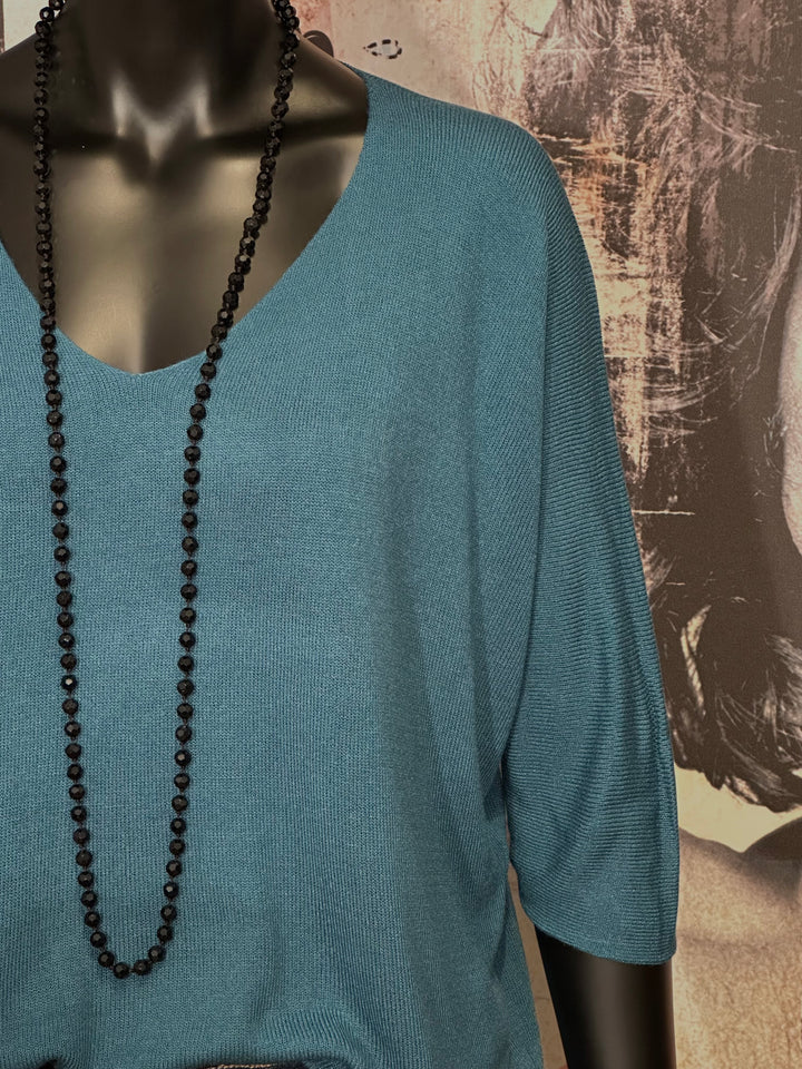 Kurzer Feinstrickpullover mit 3/4-Ärmeln & V-Ausschnitt in Entenblau (36/40)