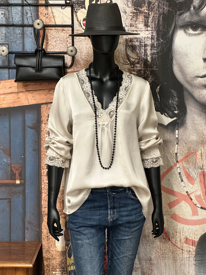 Satiniertes Top mit Ärmeln und V-Ausschnitt aus Spitze 100% Viskose (36/40) MADE IN 🇮🇹