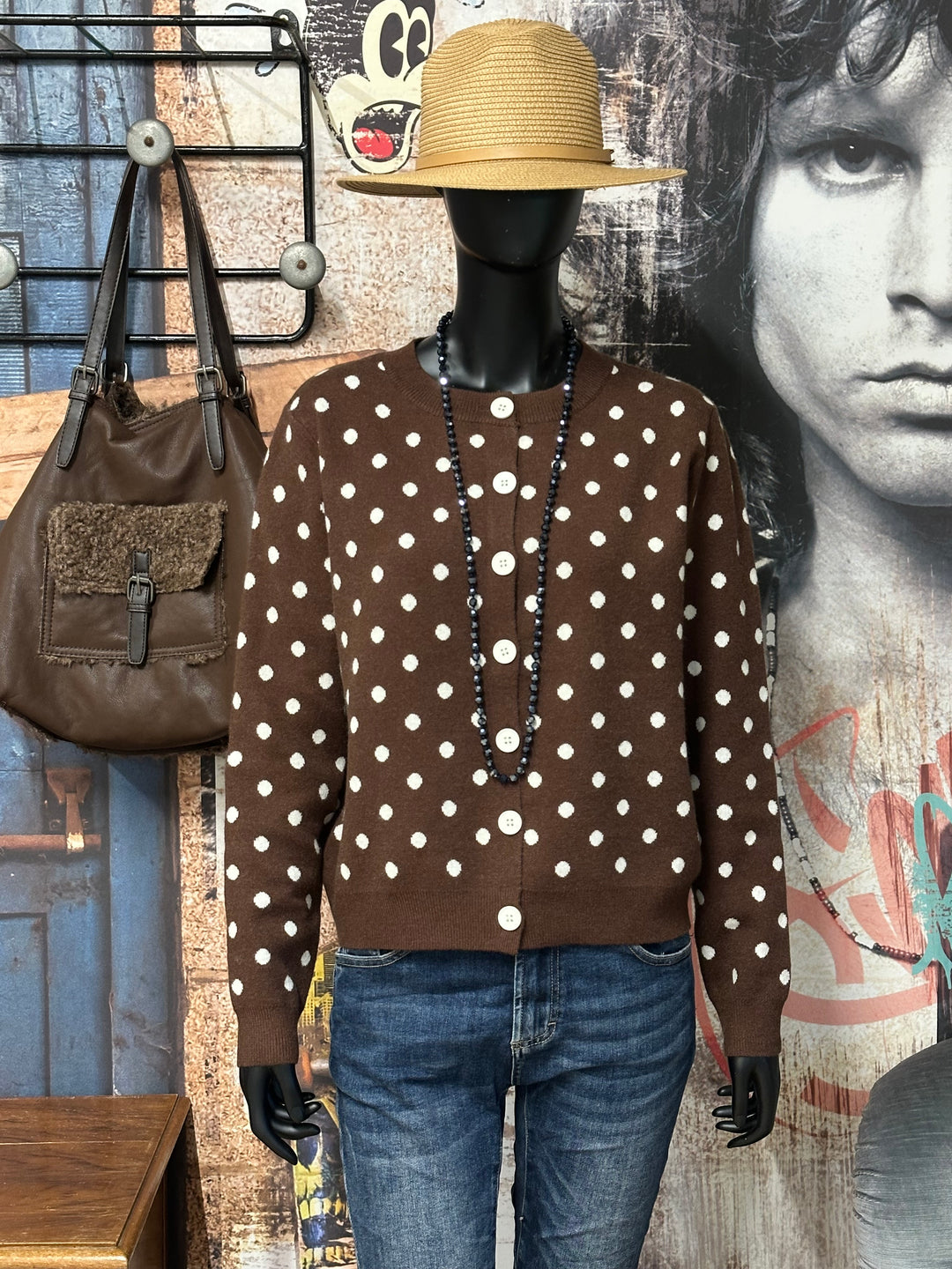 Retro-Pullover/Strickjacke mit Knöpfen, Punktmuster, Rundhalsausschnitt (36/38)