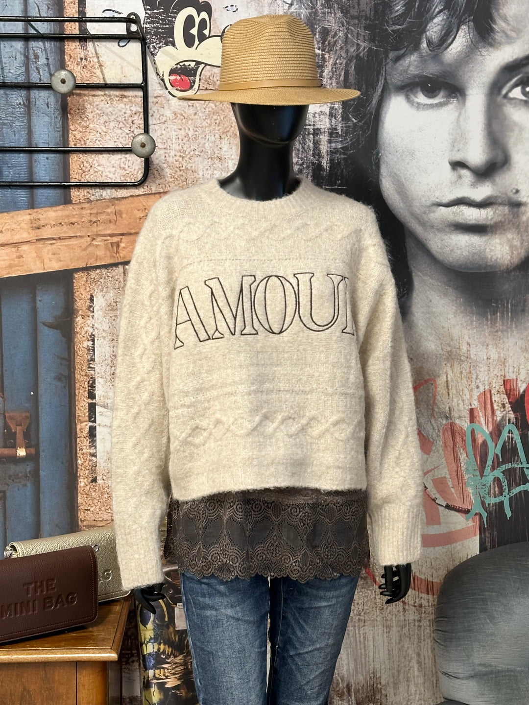 Kurzer Strickpullover beige meliert "AMOUR" (38/40)