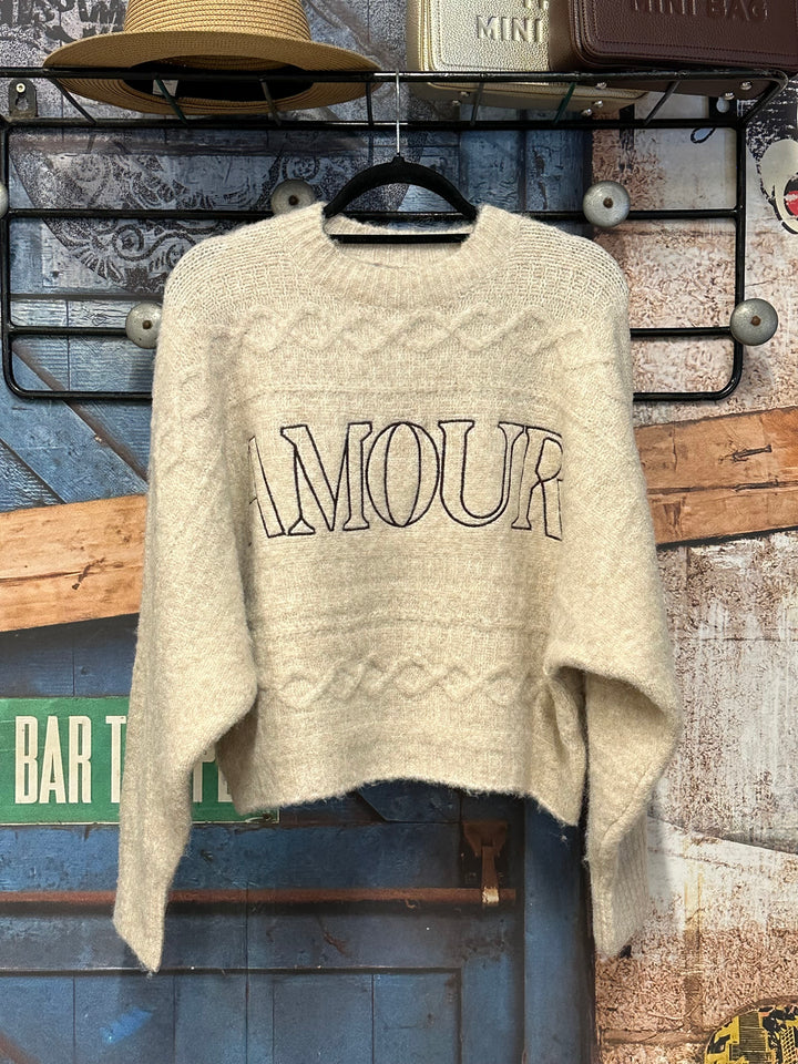 Kurzer Strickpullover beige meliert "AMOUR" (38/40)