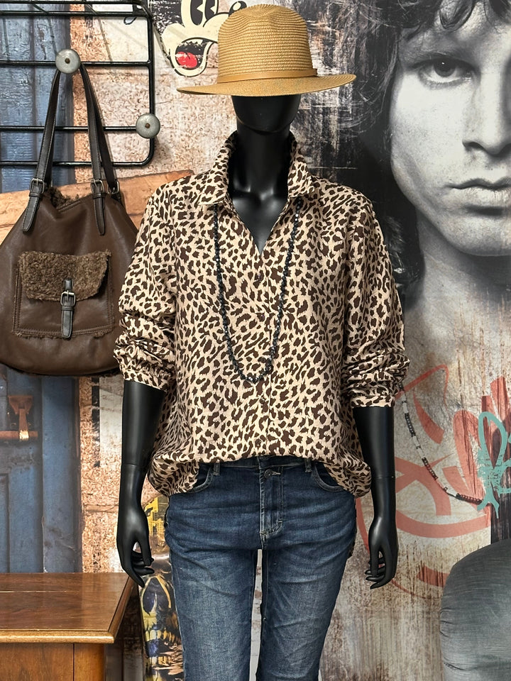 Fließende Bluse "Leopard" beige & choco (40 bis 46)