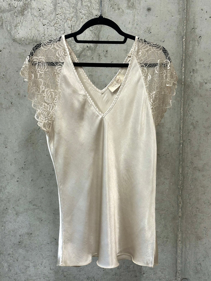 Oberteil aus 100 % Viskose, kurze Ärmel, Spitze, Größe 38/42, HERGESTELLT IN 🇮🇹