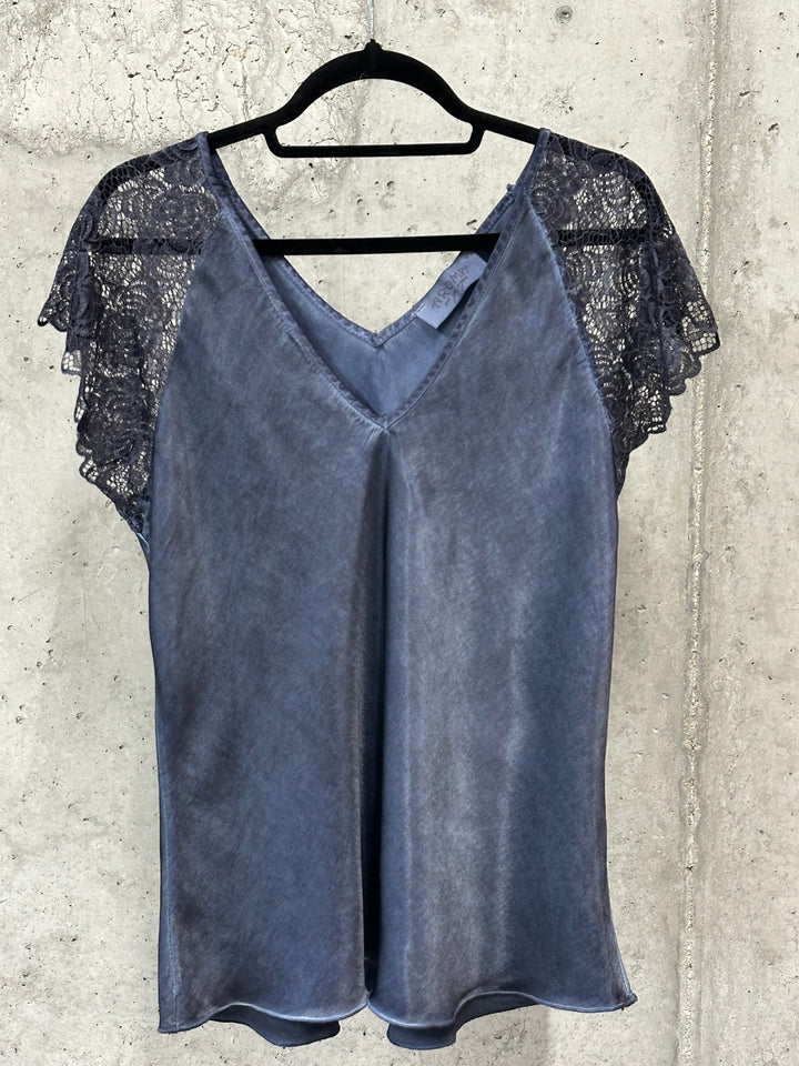 Oberteil aus 100 % Viskose, kurze Ärmel, Spitze, Größe 38/42, HERGESTELLT IN 🇮🇹