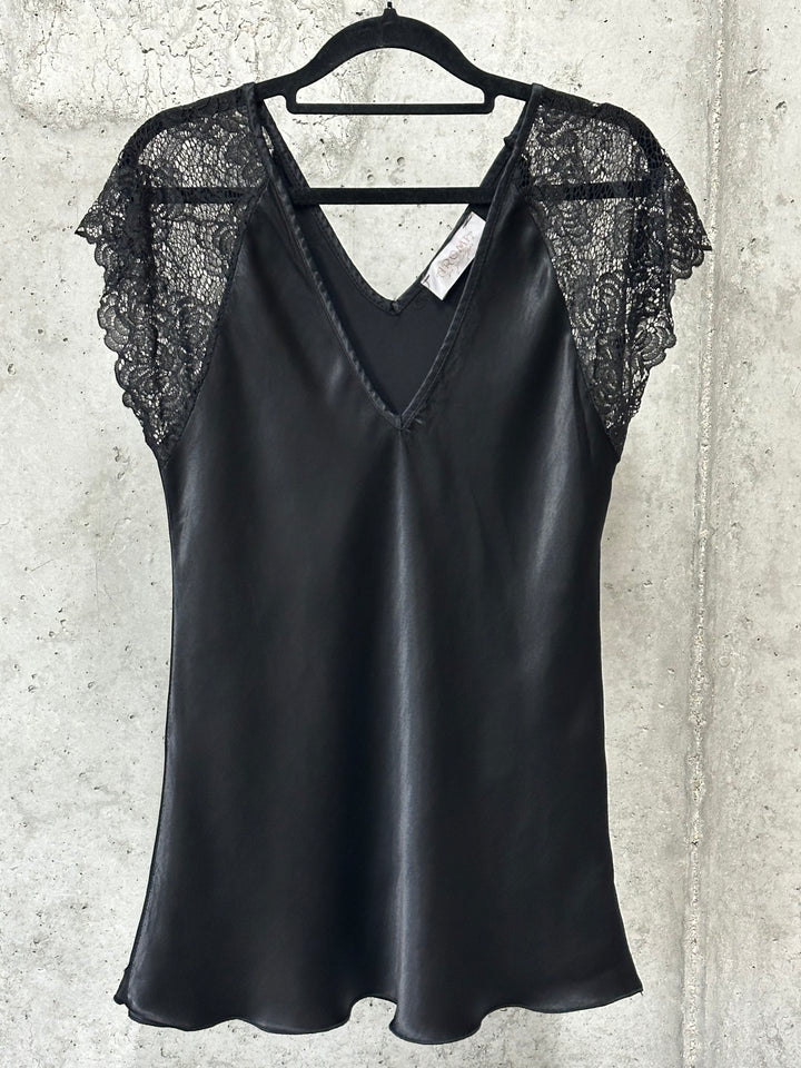 Oberteil aus 100 % Viskose, kurze Ärmel, Spitze, Größe 38/42, HERGESTELLT IN 🇮🇹