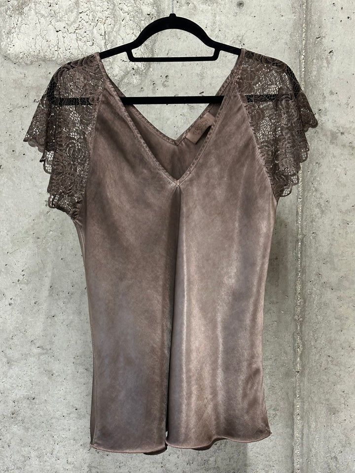 Oberteil aus 100 % Viskose, kurze Ärmel, Spitze, Größe 38/42, HERGESTELLT IN 🇮🇹