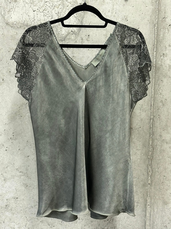 Oberteil aus 100 % Viskose, kurze Ärmel, Spitze, Größe 38/42, HERGESTELLT IN 🇮🇹
