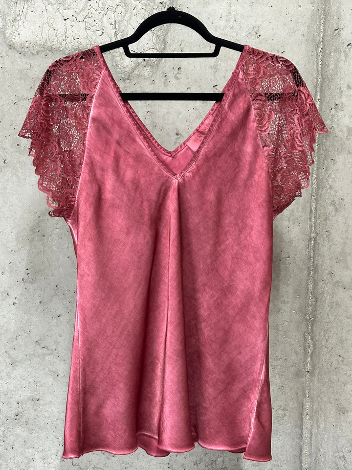 Oberteil aus 100 % Viskose, kurze Ärmel, Spitze, Größe 38/42, HERGESTELLT IN 🇮🇹