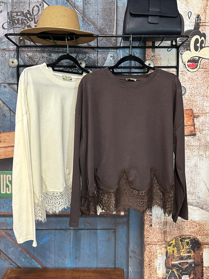 Oversize-T-Shirt aus 100 % Baumwolle mit langen Ärmeln und Spitze (40/42) MADE IN 🇮🇹