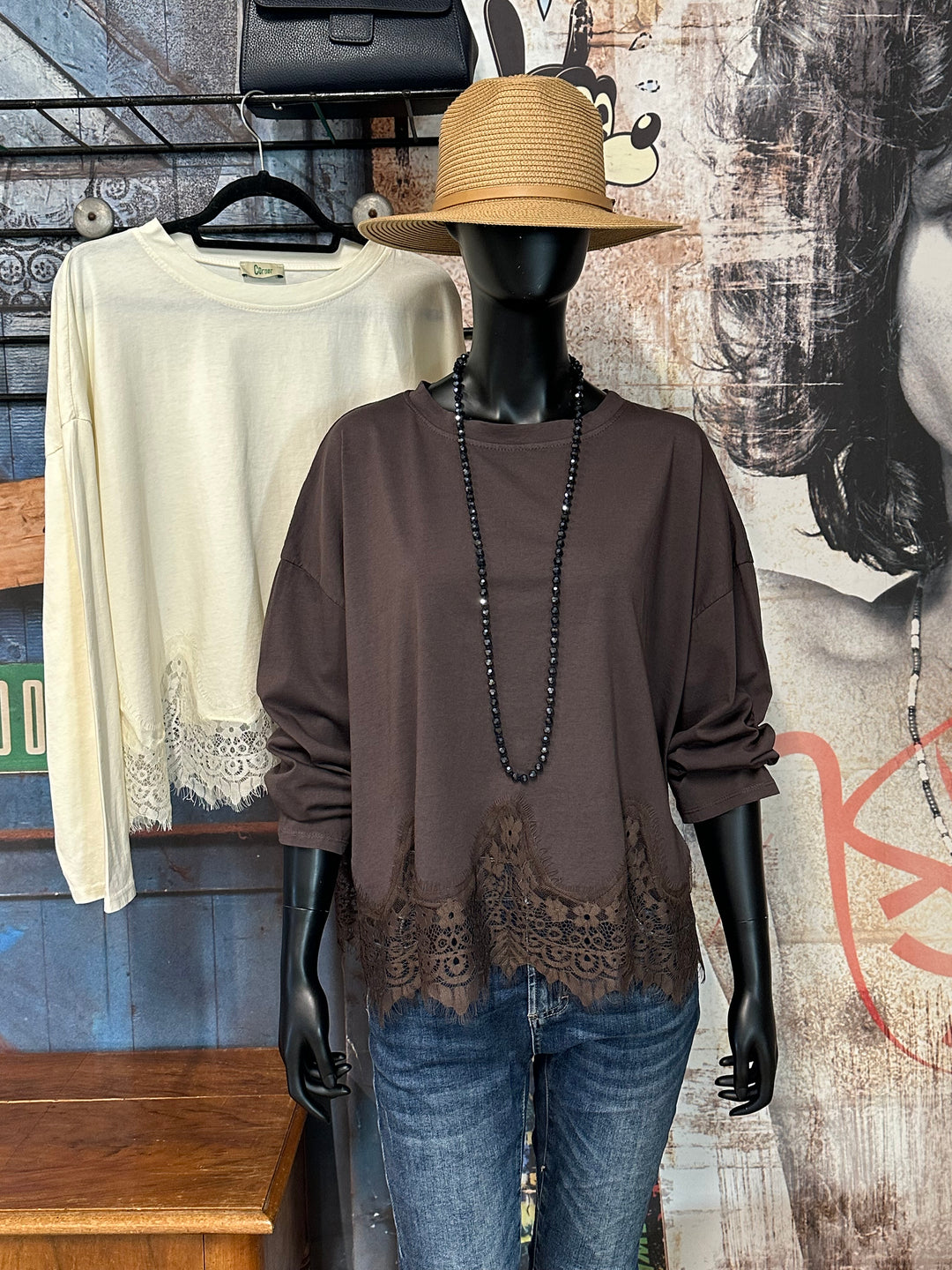 Oversize-T-Shirt aus 100 % Baumwolle mit langen Ärmeln und Spitze (40/42) MADE IN 🇮🇹