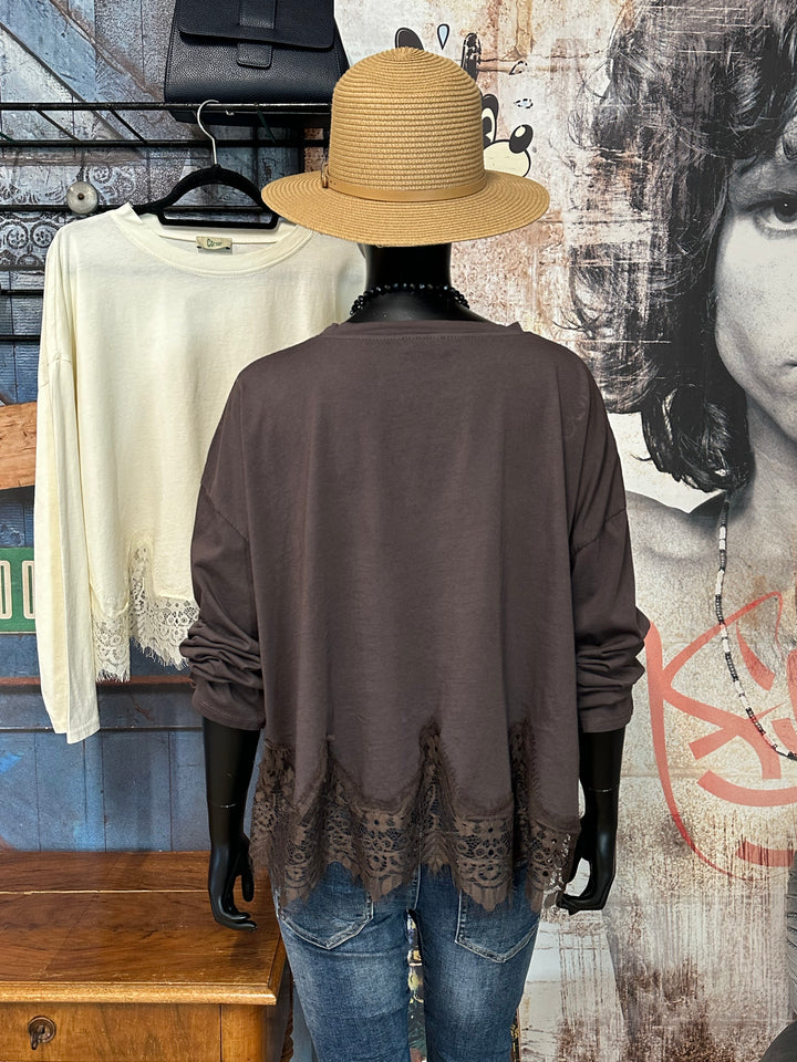 Oversize-T-Shirt aus 100 % Baumwolle mit langen Ärmeln und Spitze (40/42) MADE IN 🇮🇹