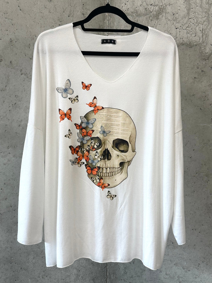 Oversize-Pullover mit V-Ausschnitt „Totenkopf & Schmetterlinge“ (44/48) MADE IN ITALY