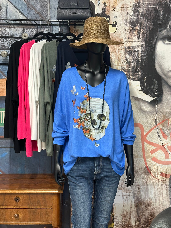 Oversize-Pullover mit V-Ausschnitt „Totenkopf & Schmetterlinge“ (44/48) MADE IN ITALY
