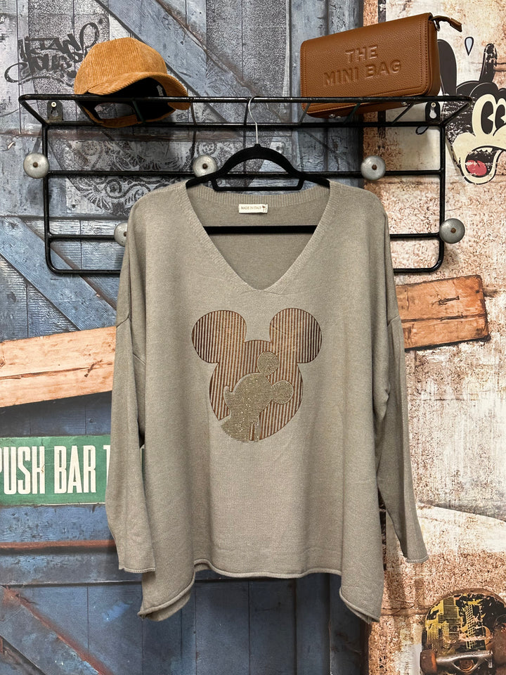 Oversize-Pullover mit V-Ausschnitt in Taupe „Mickey” (44/48) MADE IN ITALY