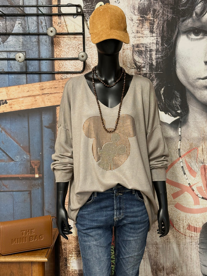 Oversize-Pullover mit V-Ausschnitt in Taupe „Mickey” (44/48) MADE IN ITALY