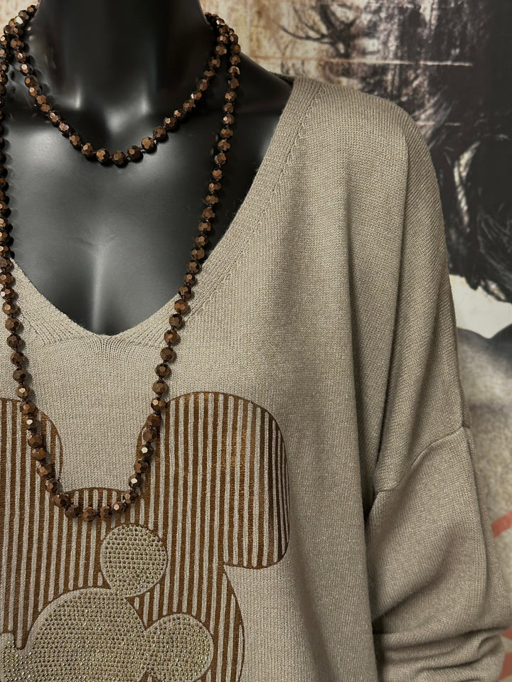 Oversize-Pullover mit V-Ausschnitt in Taupe „Mickey” (44/48) MADE IN ITALY