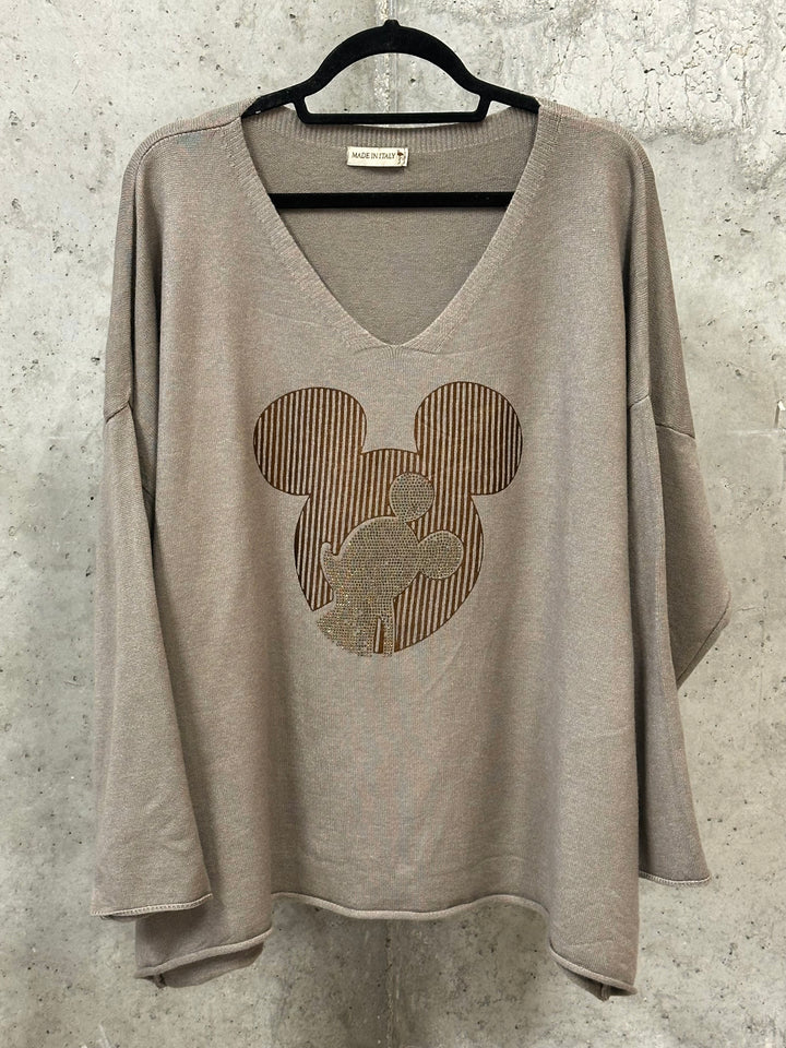 Oversize-Pullover mit V-Ausschnitt in Taupe „Mickey” (44/48) MADE IN ITALY
