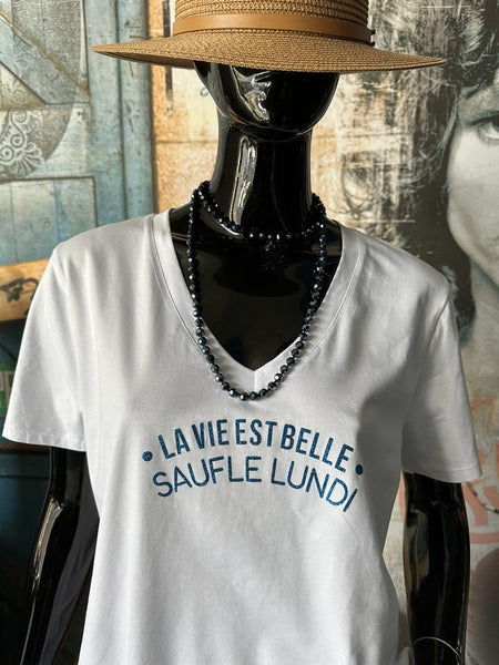 T-shirt "La vie est belle..." blanc/bleu