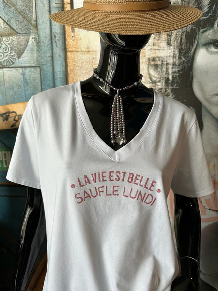 T-shirt "La vie est belle..." blanc/rose